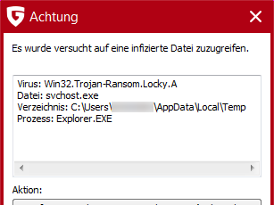 Screenshot der G DATA Software, die Locky auf frischer Tat ertappt