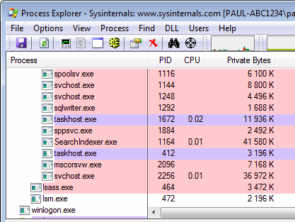 Screenshot einer Analyse mit dem Process Explorer