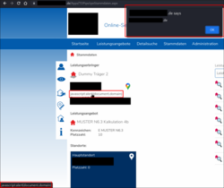 Eine Webseite mit Stammdaten-Anzeige und einem JavaScript-Alert, der das Domain-Feld der Seite anzeigt. Ein Link mit dem JavaScript-Code javascript:alert(document.domain) ist im Text eingebettet und am unteren Bildschirmrand sichtbar, was auf eine mögliche Cross-Site-Scripting-Sicherheitslücke hinweist.