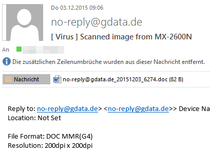 Screenshot einer Spam-Mail mit manipuliertem Anhang zur Dridex Infektion