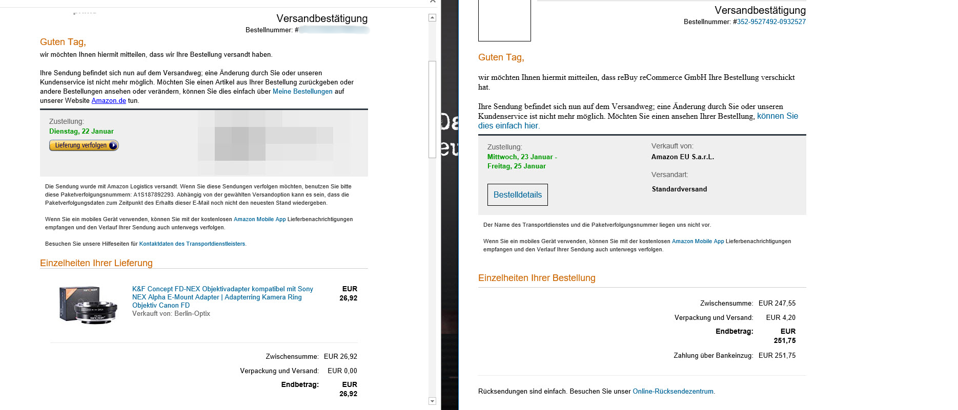 Echte Versandbestätigung (links) und der aktuelle Fake (rechts)