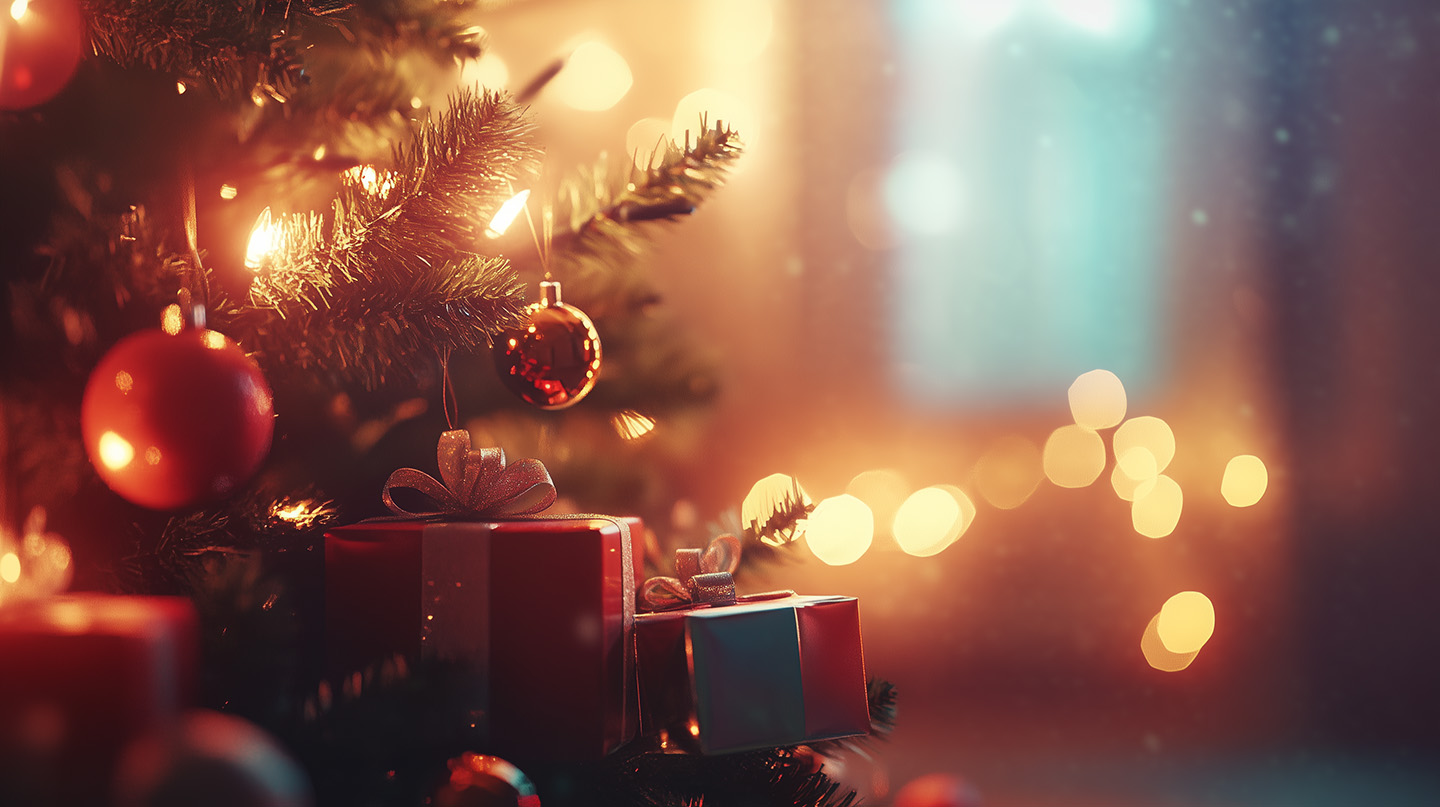 Eine festlich beleuchtete Weihnachtsszene mit einem geschmückten Baum, roten Kugeln und leuchtenden Lichtern. Darunter liegen eingepackte Geschenke mit Schleifen, umgeben von einem weichen Bokeh-Hintergrund aus goldenem Licht.