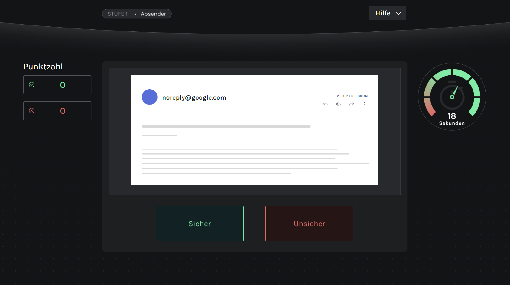 Ein Spielbildschirm zeigt eine simulierte E-Mail von „noreply@google.com“, bei der der Nutzer entscheiden soll, ob die Absenderadresse sicher oder unsicher ist. Links wird die Punktzahl angezeigt, rechts läuft ein Timer mit 18 verbleibenden Sekunden.