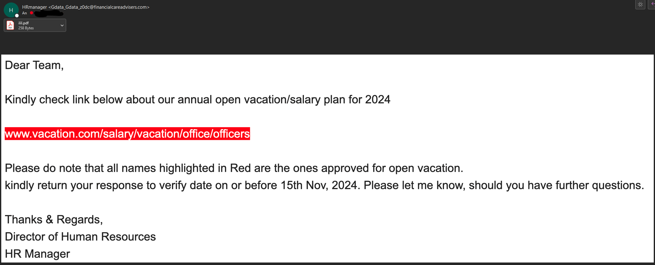 Eine betrügerische E-Mail gibt sich als Nachricht der Personalabteilung aus und fordert das Team auf, einen Link zu einem angeblichen Urlaubs- und Gehaltsplan für 2024 zu überprüfen. Der auffällig rot markierte Link und der verdächtige PDF-Anhang deuten auf einen Phishing- oder Malware-Versuch hin.