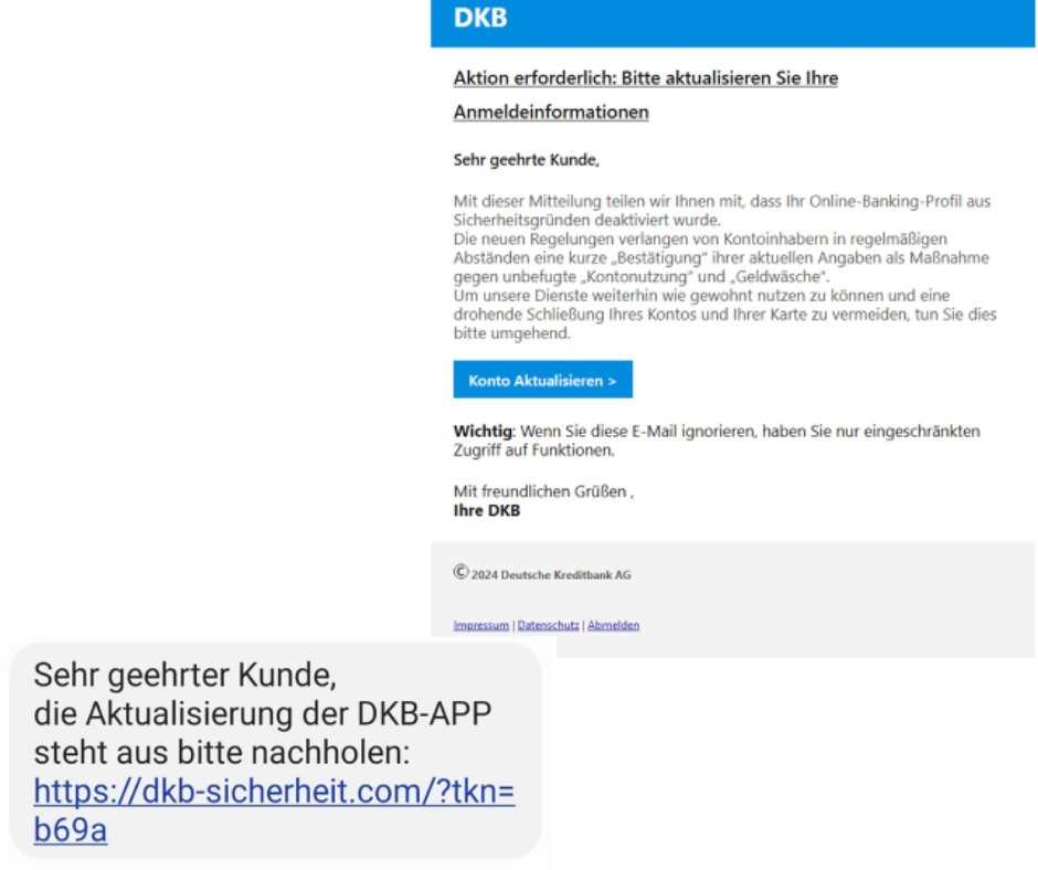 Eine betrügerische E-Mail, die vorgibt, von der DKB zu stammen, fordert den Empfänger auf, seine Anmeldeinformationen zu aktualisieren. Ein gefälschter Link zur angeblichen Sicherheitsaktualisierung der DKB-App ist hervorgehoben, um Phishing zu betreiben.