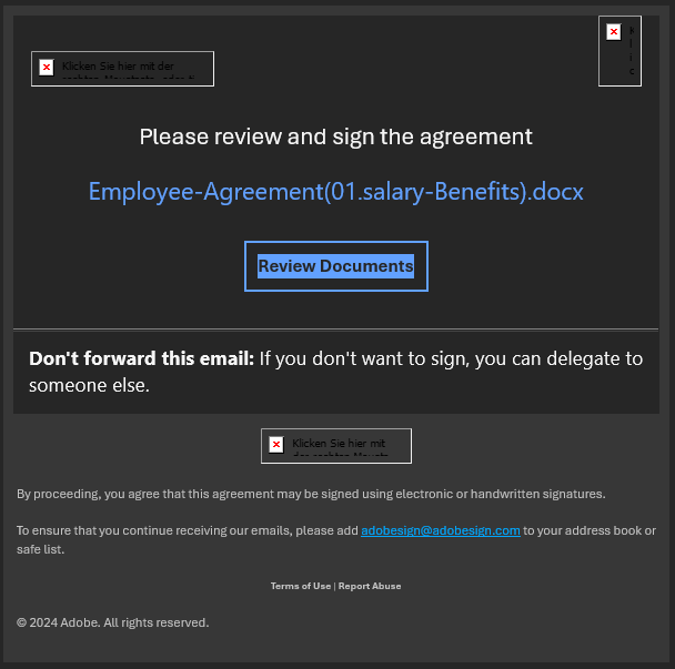 Eine betrügerische E-Mail im Stil von Adobe fordert den Empfänger auf, ein angebliches Dokument mit dem Titel „Employee-Agreement(01.salary-Benefits).docx“ zu überprüfen und zu unterschreiben. Der enthaltene Link „Review Documents“ ist ein Phishing-Versuch.