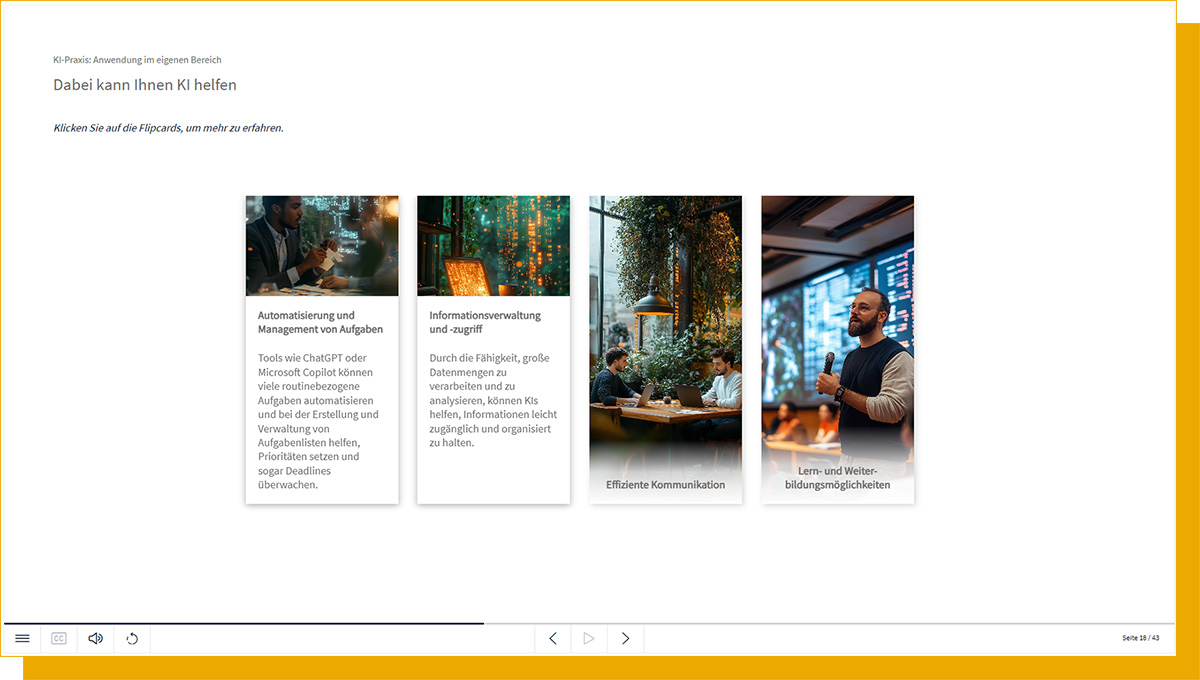 Die Lernenden erhalten einen Überblick, wobei KI ihnen helfen kann Screenshot aus dem E-Learning Künstliche Intelligenz