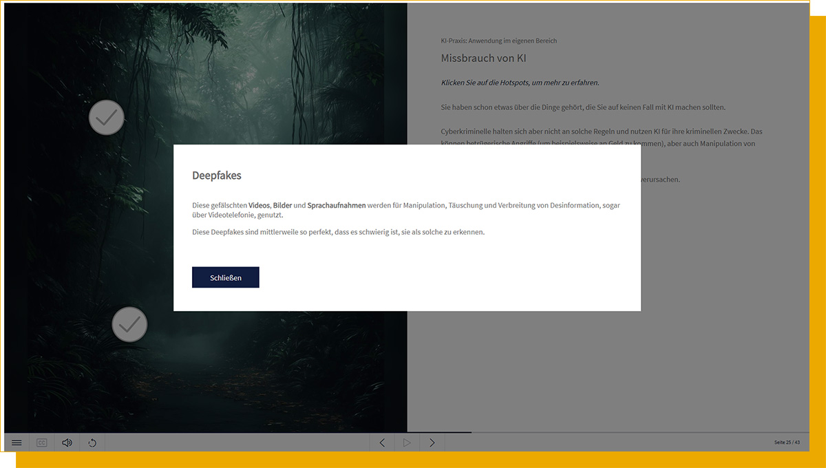 Im Training geht es auch um Missbrauch von KI durch Cyberkriminelle Screenshot aus dem E-Learning Künstliche Intelligenz