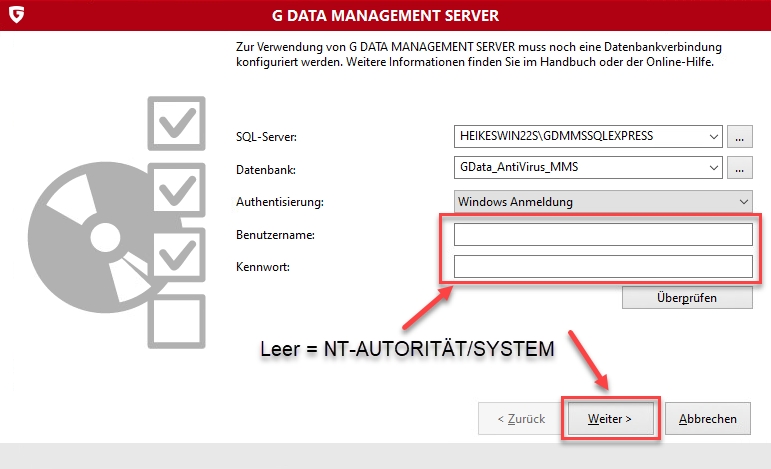 Installation G DATA Management Server Benutzer eintragen