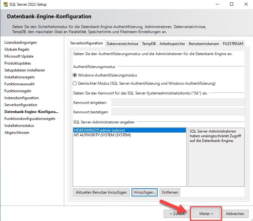 SQL Datenbankkonfiguration Microsoft SQL Express