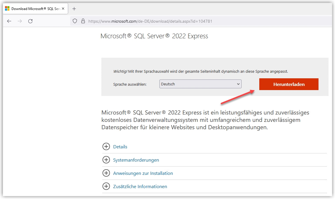 Download Setupdatei bei Microsoft