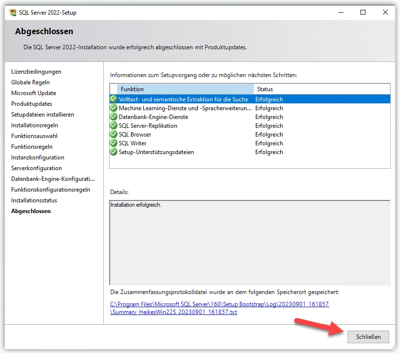 Installation Microsoft SQL Server 2022 Express ist beendet