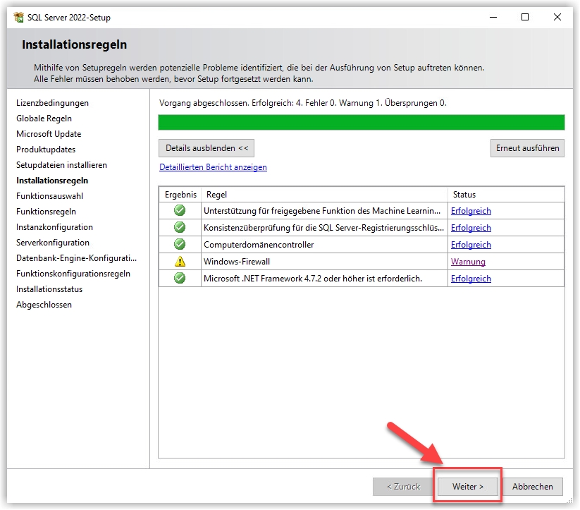 Installationsregeln Microsoft SQL Express