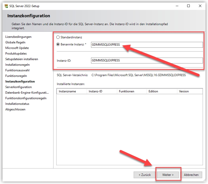 SQL Installationskonfiguration Microsoft SQL Express