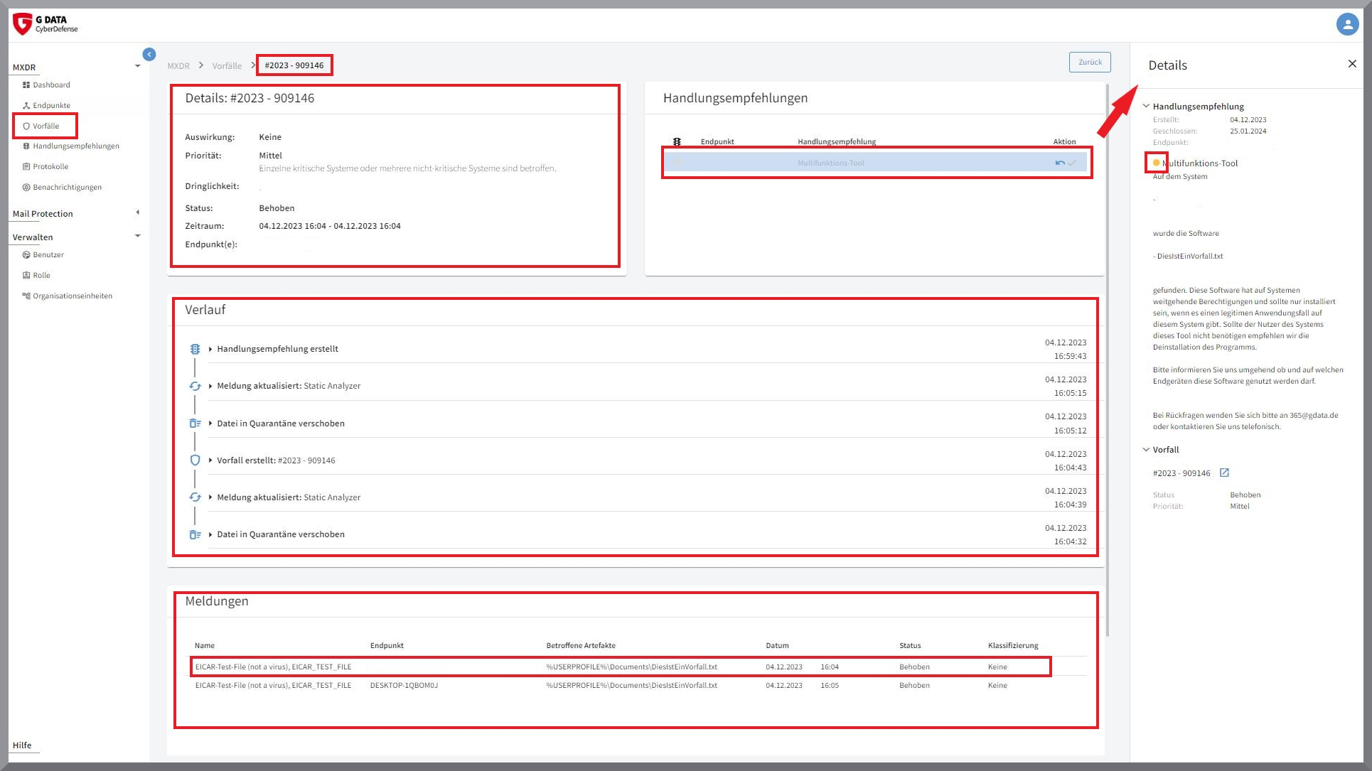 G DATA 365 | MXDR Vorfall-Detailsicht