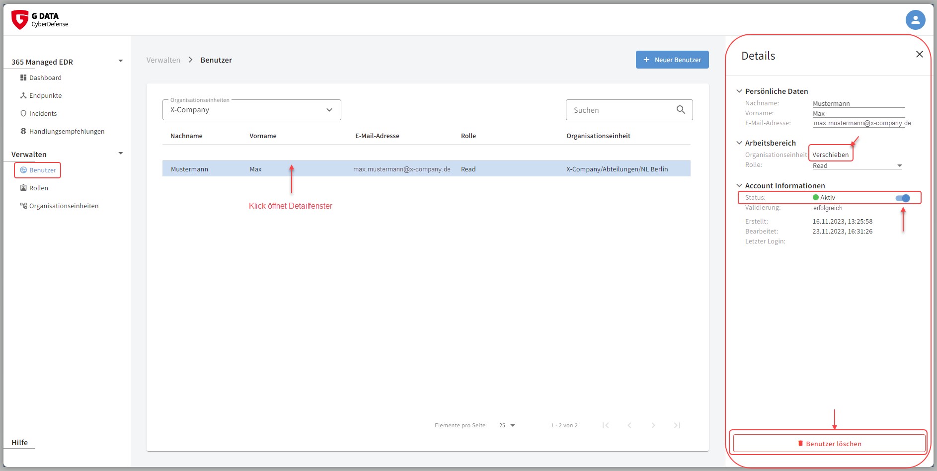 G DATA 365 | Managed XDR Benutzer verwalten
