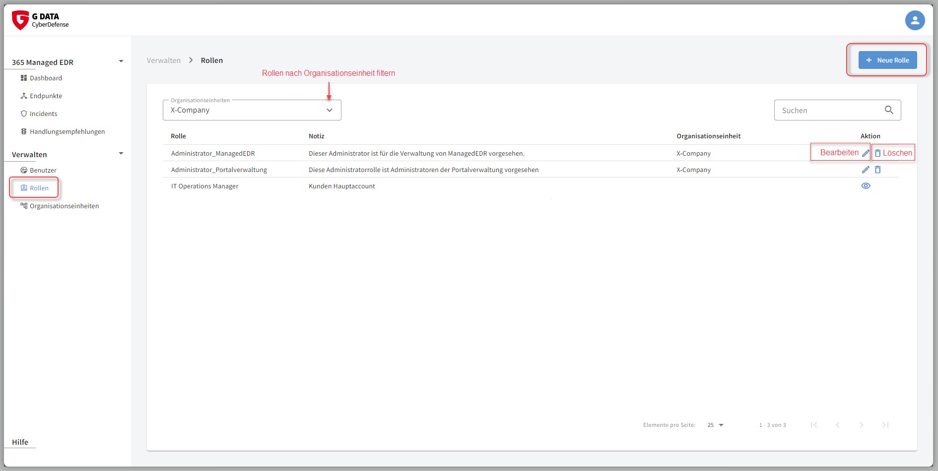 G DATA 365 | Managed XDR Rollenverwaltung