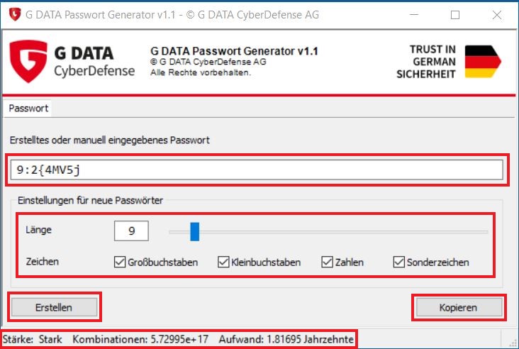 Benutzeroberfläche des Passwort Generators