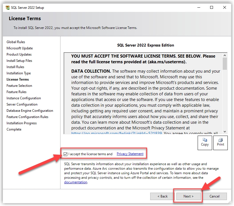 Privacy setup file Microsoft SQL Express