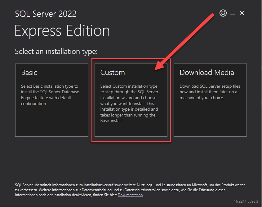 Installation type Setup file Microsoft SQL Express