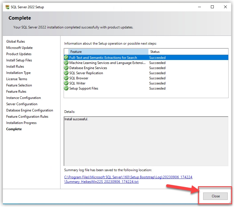 Installation Microsoft SQL Server 2022 Express is finished