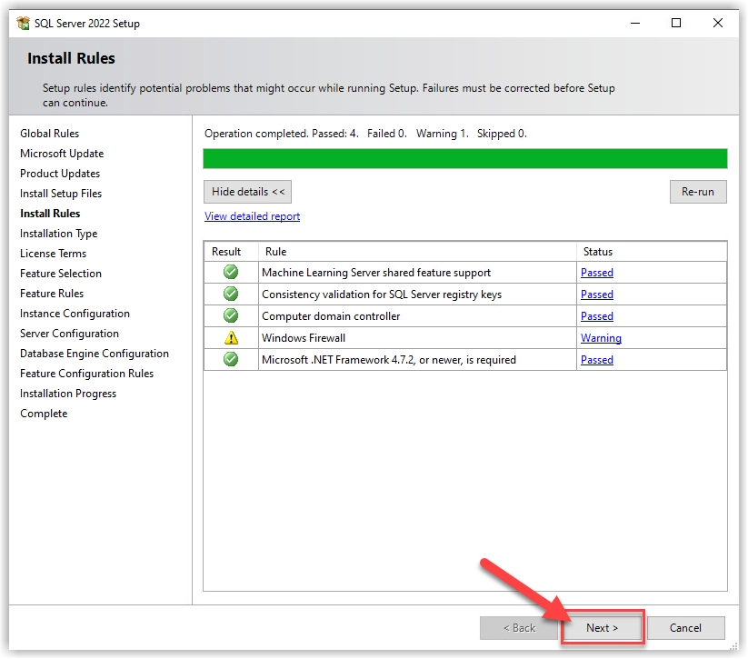 Installation Rules Microsoft SQL Express