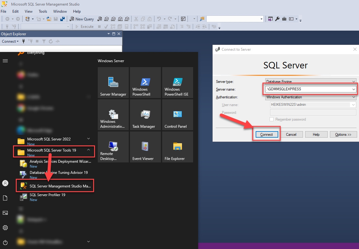 Start SSMS and connect