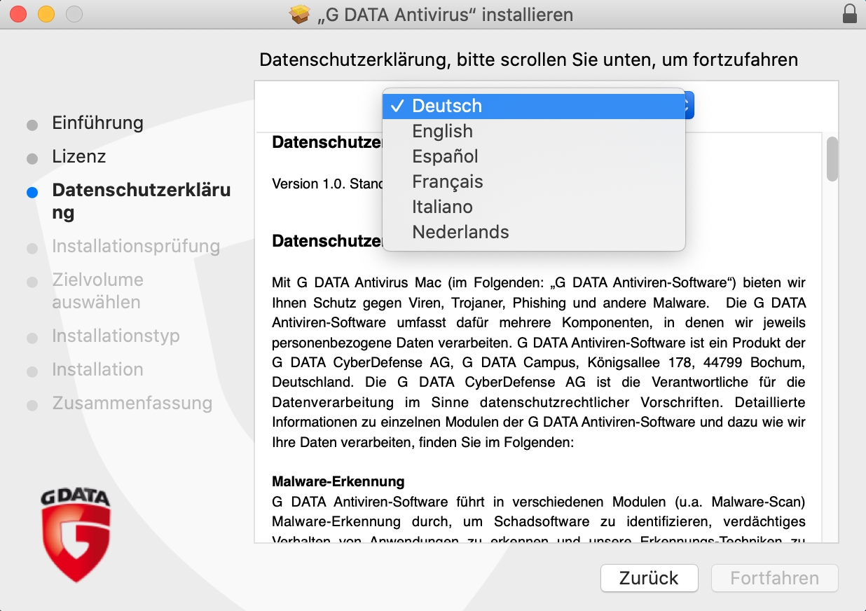 AntiVirusMacInstallationDatenschutzerklaerungSprachauswahl