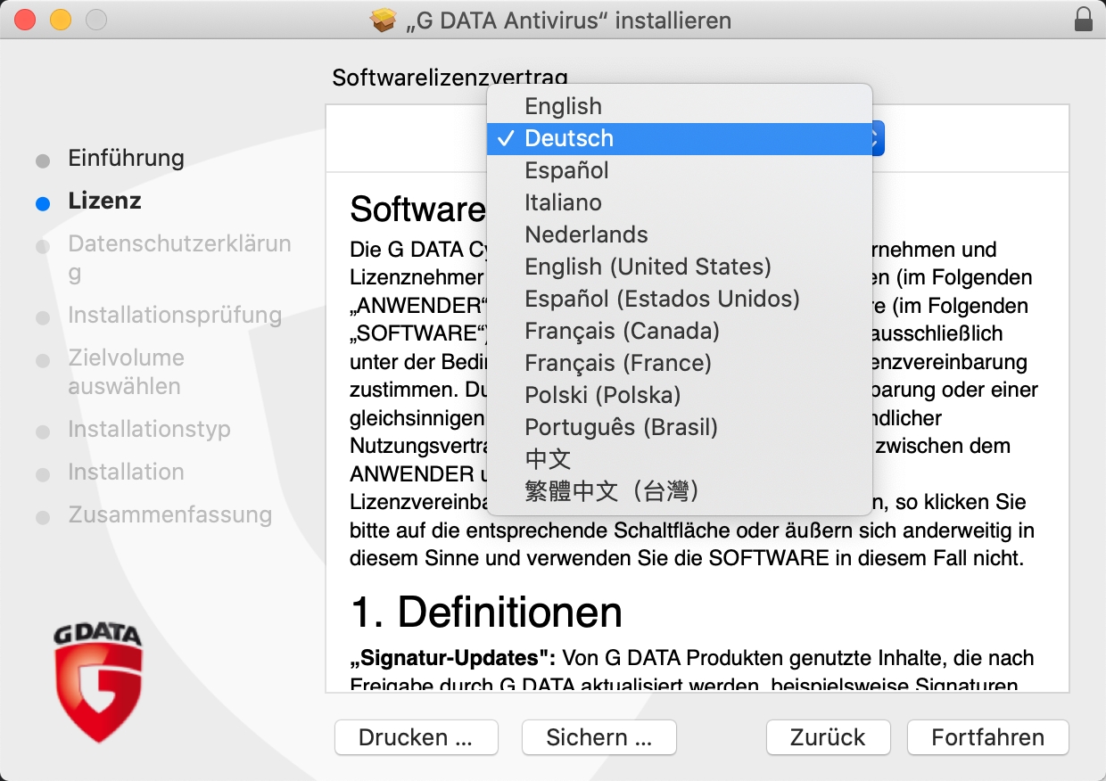 AntiVirusMacInstallationLizenzvereinbarungSprachauswahl
