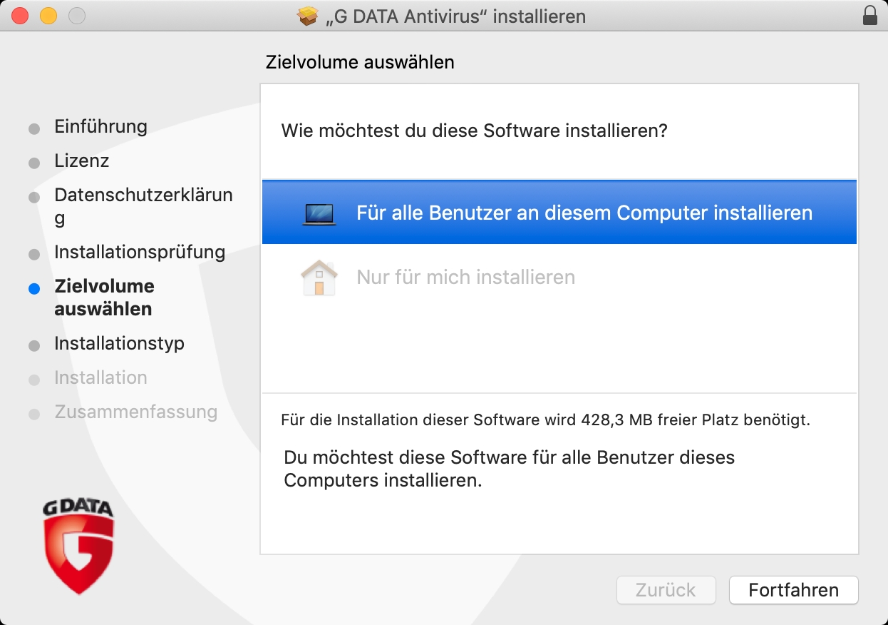 AntiVirusMac Installation Zielvolume auswaehlen