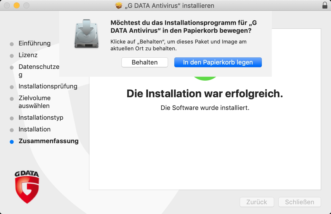 AntiVirusMac Installation Zusammenfassung Installationsprogramm entsorgen