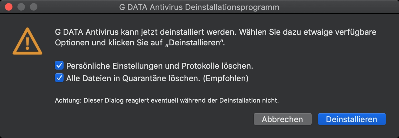 G DATA MAC Deinstallation Optionen