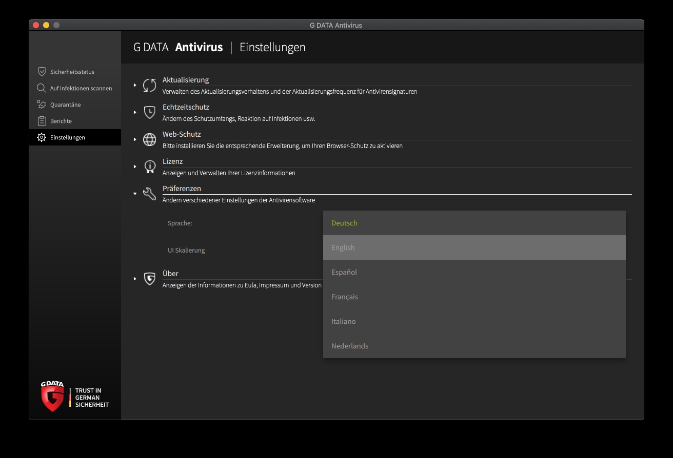 G DATA Sprache Dropdown