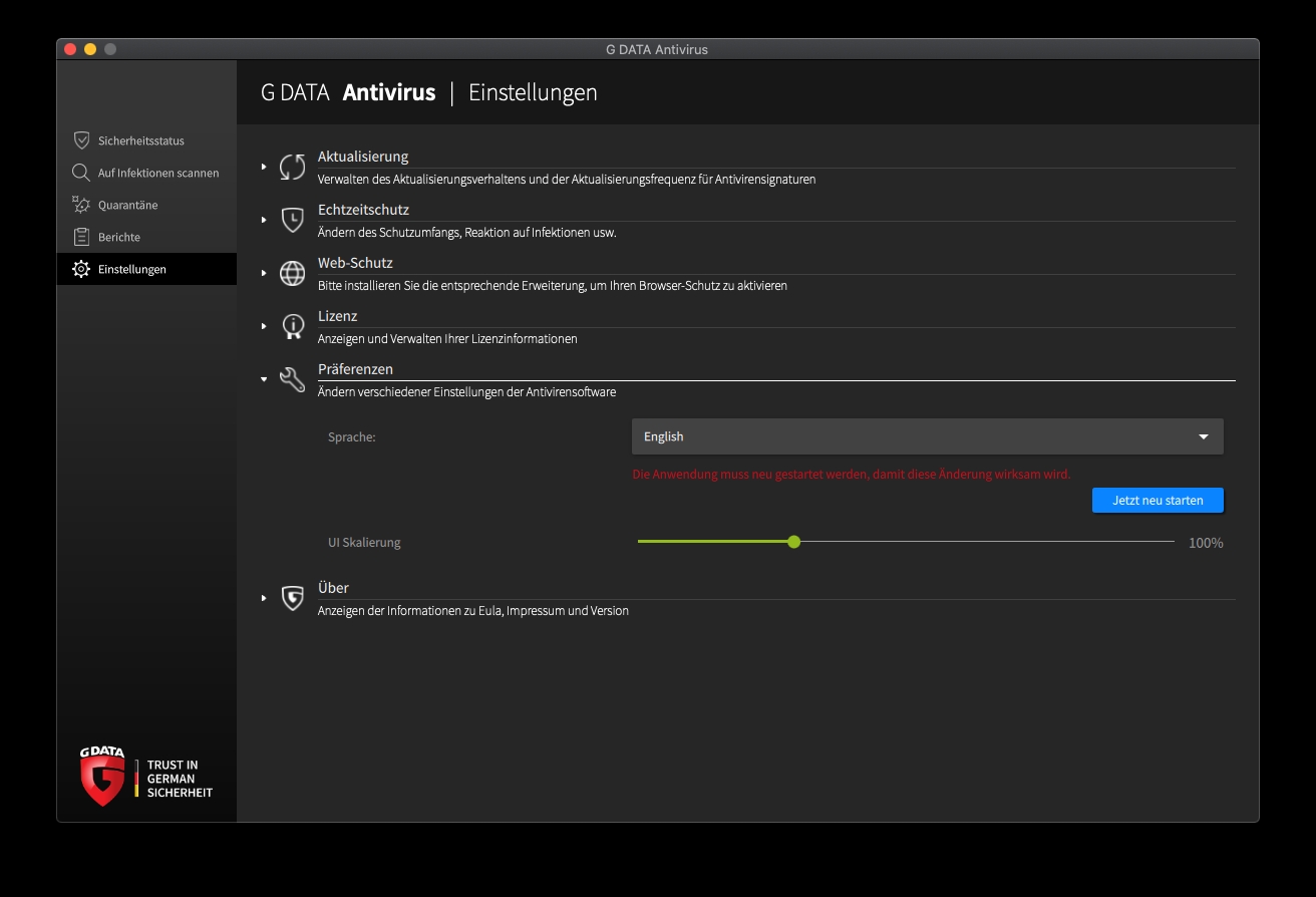 G DATA Sprache English ausgewaehlt