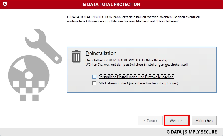 G DATA TOTAL PROTECTION Deinstallation persoenliche Einstellungen V25