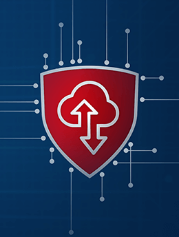 Rotes Schildsymbol mit Upload-Download-Cloud-Symbol auf dunkelblauem Hintergrund